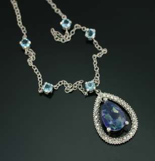 New 10K White Gold Neptune Blue Topaz Pear Pendant Chain Necklace 