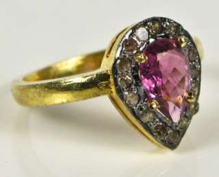   18k Gold/Sterling 1.40ct Rose Cut Diamonds & Pink Sapphire Ring  