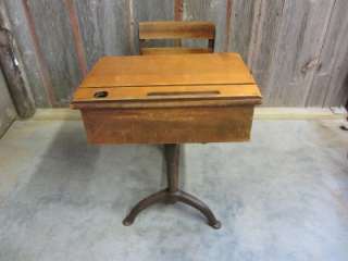   Wooden School Desk & Chair  Antique Table Stand Old House 7037  