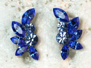 SAPPHIRE COLOR BLUE RHINESTONE CRYSTAL FLORAL CLIP ON STYLE EARRINGS 