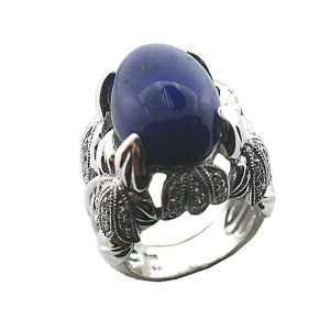 Lapis Cabochon Bell Flower Ring with CZ Accents, 925 Silver   Size 6