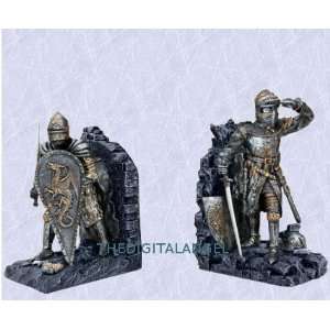  knight bookends in full suite of armor with swords and 