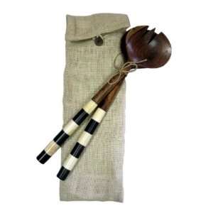  Inlaid Black and White Striped Wooden Salad Servers   Set 
