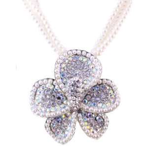   Cluster Faux Pearl with Cz Flower Necklace with Earring 2 set Jewelry