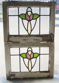 Pair of Antique Stained Glass Windows 5 color Mac Roses  