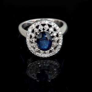 95 CTW BLUE OVAL SAPPHIRE & WHITE DIAMOND ENGAGEMENT RING 14K SOLID 