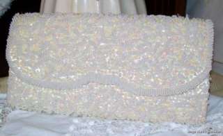 Cream Evening Beaded Sequin Handbag Purse Bag Clutch  