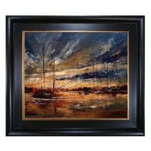  Oil Painting   Harbour with Vintage Creed Frame   Distressed 