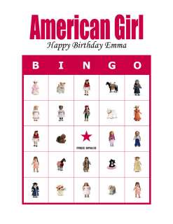 American Girl Personalized Birthday Party Game Bingo Cards  