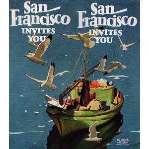  SAN FRANCISCO INVITES YOU FISH BOAT CALIFORNIA SEAGULL 