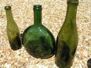 THREE OLD blown Green glass bottles  