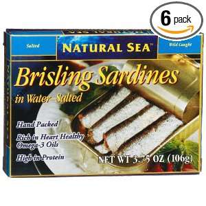 Natural Sea Brisling Sardines in Water, Salted, 3.75 Ounce Tins (Pack 