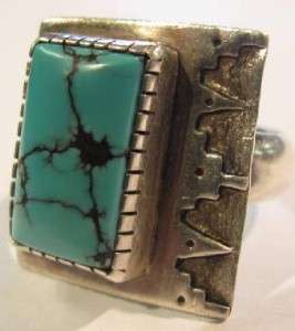 Old Pawn Signed JE Navajo Handmade Sterling Silver and Turquoise Ring 