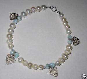 Larimar Love Beads silver heart charms pearls bracelet  