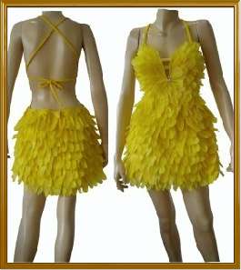 Yellow Feather Fancy Dance Drag Queen Salsa Latin Dress  