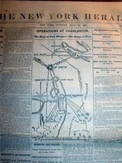 1863 newspaper BATTLE of FT WAGNER w MAP Massachusetts 54th Reg  Negro 