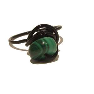 Malachite Ring 01 Wire Green Genuine Stone Black Wrapped Crystal 