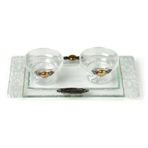 Short Glass Shabbat Candlesticks with White Flowers and Tray  