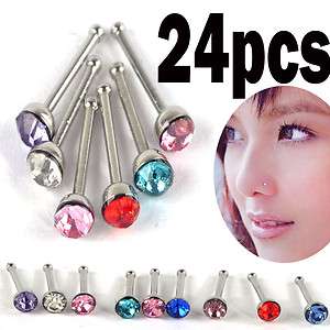wholesale lots 24pcs stainless steel cz nose stud rings  