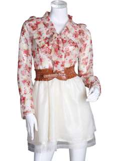 CHIC FLORAL LONG SLEEVE DRESS + BELT PINK S RY1908  