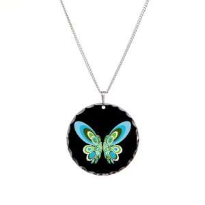   Necklace Circle Charm Retro Blue Butterfly Blck Artsmith Inc Jewelry