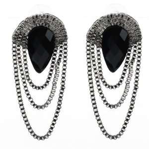 Cute Exotic Silver Tone Earrings with Black Rhinestones