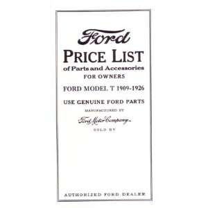  1909 1924 1925 1926 FORD PRICE LIST Parts Accessories 