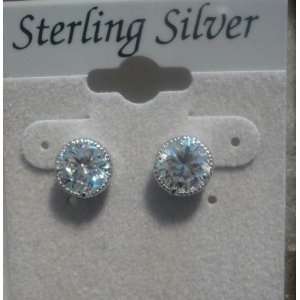 Sterling Silver Fine PLatinum Plate Clear Cubic Zirconia Stud Earrings 