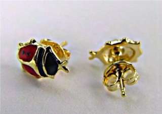 Gold 18k GF Girl Baby Earrings Ladybug Red Push Back  