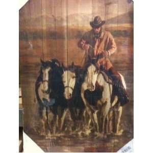  Lodge Cabin Rustic Decor Horse Roundup Wood Plank Picture 