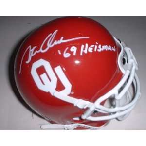 Steve Owens Autographed Oklahoma Sooners Schutt Mini Helmet with 69 