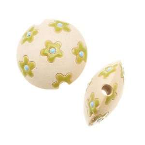  Design Studio Carved Ceramic Lentil Bead Apple Green/Lt. Blue Flower 