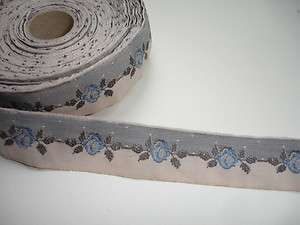 Romantic Sewing Tape / Ribbon Blue Roses Embroidery 1 Yard  