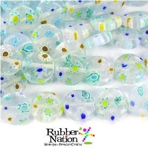  Millefiori Glass Beads SALE Coins 10mm 15 30pc WHITE AQUA 