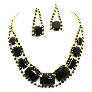 Fashion Gemstone Necklace Set; 18L; Gold Metal; Black Rhinestones 