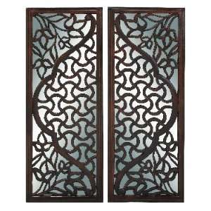  Set of Two Finely Carved Wood and Mirror Wall Art Panels 