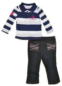 Beverly Hills Polo Infant Girls Striped Navy Polo Jean Pant Set Size 