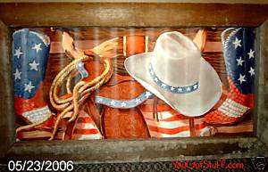 Western Cowboy Hat Horse Flag Boots Wood Tin Picture  
