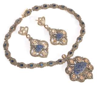  14KT CARVED BLUE SAPPHIRE VICTORIAN NECKLACE EARRINGS SET  