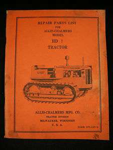 Allis Chalmers HD7 Crawler Tractor Repair Parts List Manual Catalog 