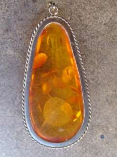 Antique Sterling Silver & Amber Large Pendant  
