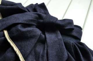 Boutique School Girl Navy Blue Tiered Woolen Skirt W/ Light Gold Satin 