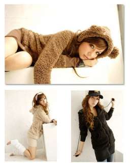Korea Fashion Women Cute Bunny Rabbit Fluff with Ear Hoodie Fleece 