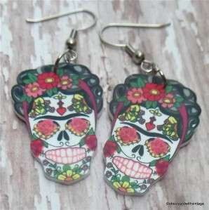 Frida Kahlo sugar skull day of dead Rockabilly tattoo earrings FREE 