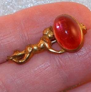 VICTORIAN GOLD FILLED FIGURAL ELF PINK STONE BROOCH PIN  
