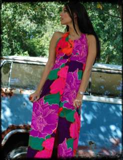 Vintage 60s Neon Halter Huge Floral Empire Maxi Dress  
