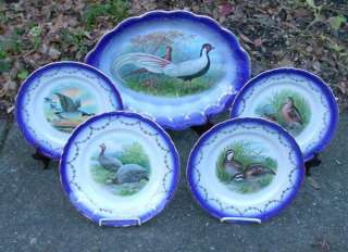 Flow Blue Platter & 4 Game Hunting Plates Pheasant Goose Turkey LA 