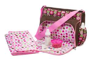 Diaper Bag Messenger Baby Girl Pink & Brown Flowers Changing Pad 