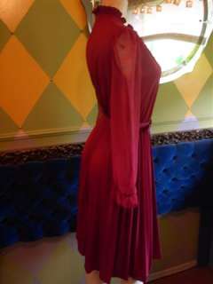 Vintage 60s Burgundy Dress, Sheer Sleeves, Pleats, 10  