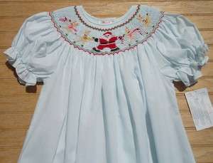   ROSALINA Lt. Blue Smocked Santa Reindeer Bishop Christmas Dress NEW